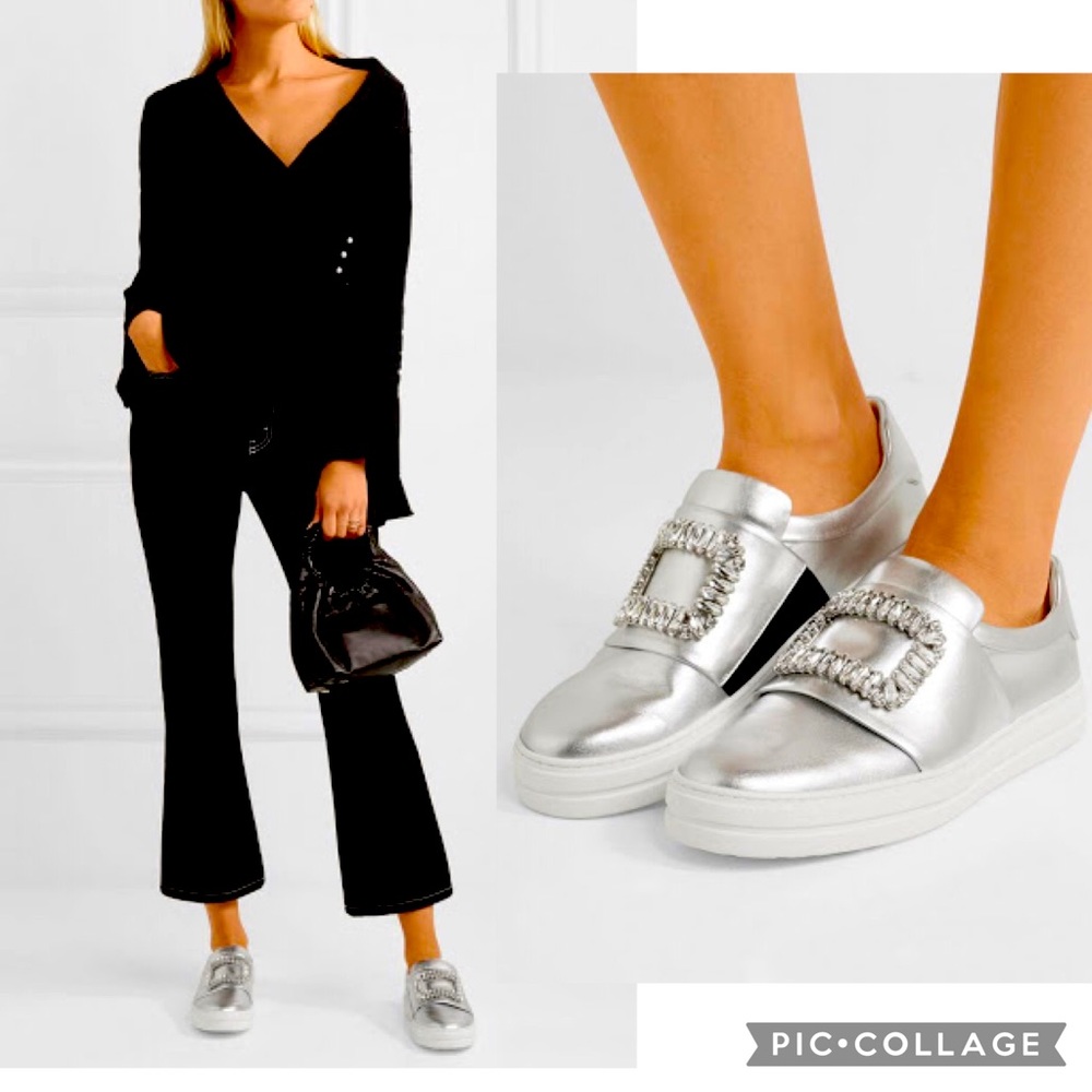 Roger Vivier Metallic Silver Buckled Sneaker 37.5